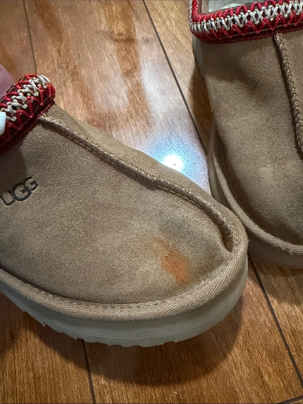UGG Kids Chestnut Suede Slip-On Clog with Red Trim